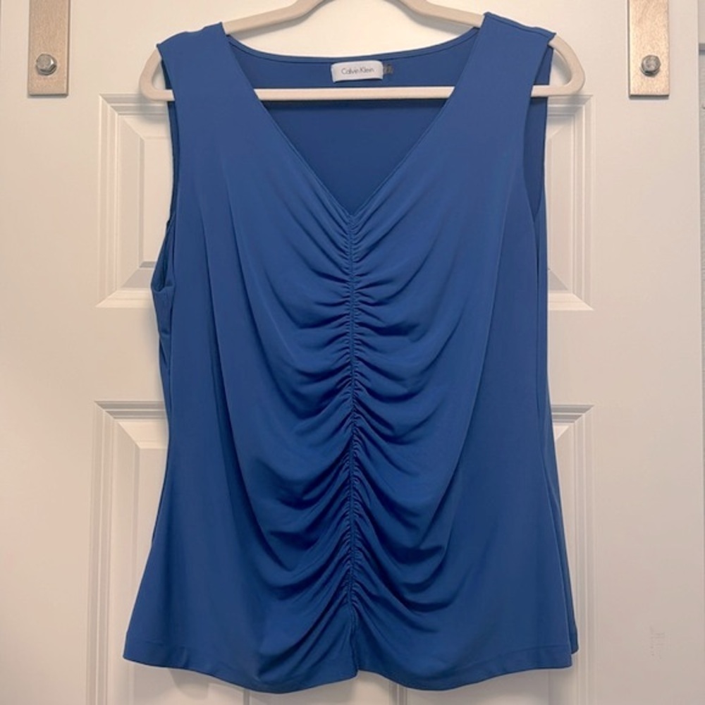 XL Cobalt Blue Calvin Klein V-Neck Ruched-Front Sleeveless Shell Tank